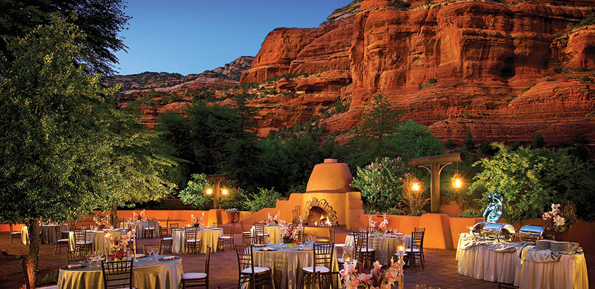 In the Meeting Village at Enchantment Resort, the Village Terrace offers breathtaking views of Sedona's majestic red rock formations. Credit: Enchantment Resort