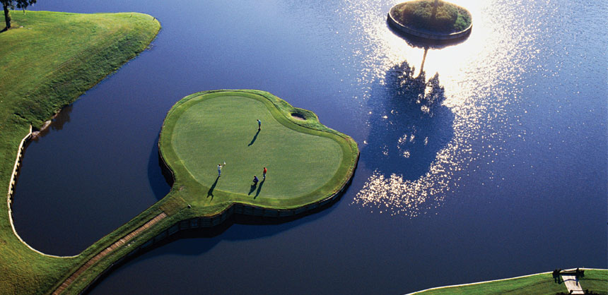 Even the best professional golfers can't help but dunk a ball or two in the water surrounding the famous par-3 17th hole at TPC Sawgrass, Ponte Vedra Beach, FL, home to the PGA Tour's Players Championship. Credit: TPC Sawgrass