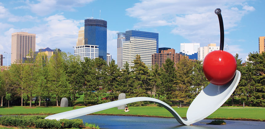 A highlight of the Minneapolis Sculpture Garden is the monumental fountain-sculpture Spoonbridge and Cherry by Claes Oldenburg and Coosje van Bruggen. Credit: Meet Minneapolis