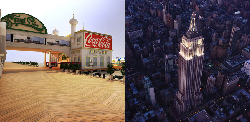 The Steel Pier amusement pier on The Boardwalk in Atlantic City (left) is dwarfed by The Empire State Building in New York City. Credit: Atlantic City CVB; Empire State Building Company
