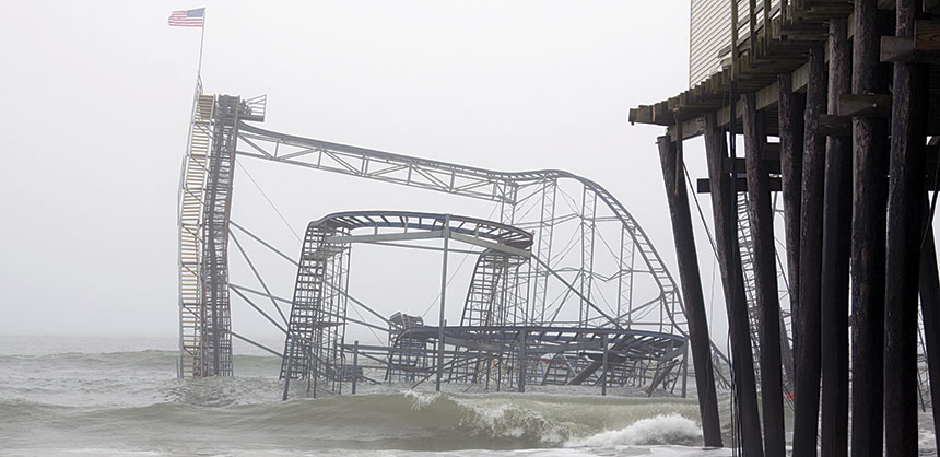 An iconic image — The Casino Pier Star Jet roller coaster was submerged just off the Seaside Heights, NJ, boardwalk after Hurricane Sandy in October 2012 and demolished in May 2013. Credit: Glynnis Jones/Shutterstock.com