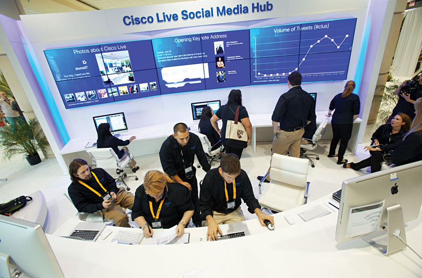 During the 2013 Cisco Live conference, the social media monitoring team was able to instantly respond to attendee questions, as well as deliver real-time attendee feedback to the company’s executives so that changes to meeting content could be made on the fly. Credit: Cisco