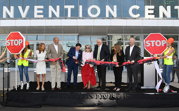 From left, Informa Markets North America President Nan Walsh, LVCVA Board of Directors Chairman John Marz, Informa CEO Charlie McCurdy, Congresswoman Dina Titus, D-Nev., Nevada Governor Steve Sisolak, Clark County Commission Chairwoman Marilyn Kirkpatrick and LVCVA CEO and President Steve Hill take part in the ribbon cutting for the Las Vegas Convention Center West Hall and kick off for the first day of the World of Concrete Tuesday, June 8, 2021, in Las Vegas. (Sam Morris, LVCVA/Las Vegas News Bureau)