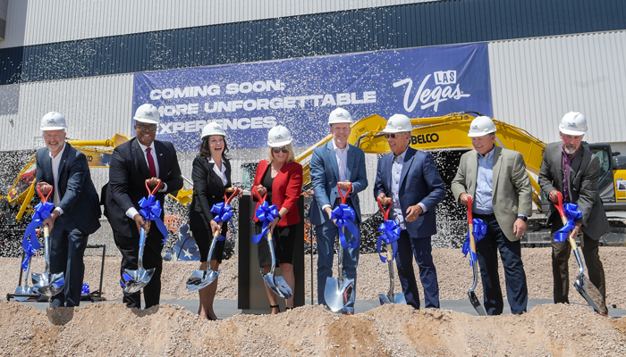 From left, LVCVA CEO and President Steve Hill and LVCVA board members Cedric Crear, Mary Beth Sewald, Michelle Romero, Scott DeAngelo, Jim Gibson, Steve Thompson and Steve Walton pose with shovels and dirt during a ceremonial ground breaking for the remodeling of the Las Vegas Convention Tuesday, May 9, 2023 at the South Hall of the Las Vegas Convention Center in Las Vegas, Nevada. (Sam Morris / LVCVA Archive)