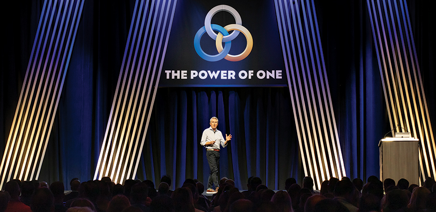 Richard Reynolds, president, Medical Systems Group, Olympus Corporation of the Americas, speaks at the company’s 2024 sales meeting. Planners at the company say technology has enabled them to plan larger meetings. Photo by Chris McGinnis / Courtesy of Olympus Corporation of the Americas