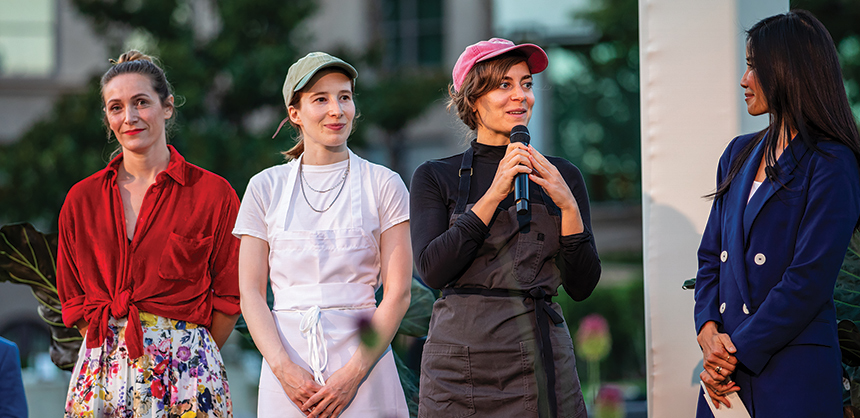 Finding the right speaker at an event to resonate with attendees is key. Pictured: TV personality Lisa Ling moderating an event with celebrity chefs. Photo by Jackson Patterson