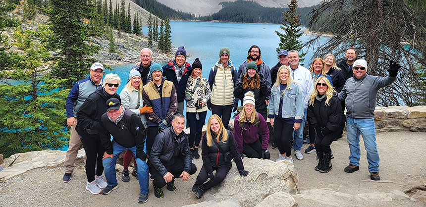 Younger people might enjoy outdoor activities and competitive sports for teambuilding. Pictured: The Bradley Company held a sales event that included a hiking excursion at Moraine Lake in Alberta, Canada. Courtesy of Erin Elflein